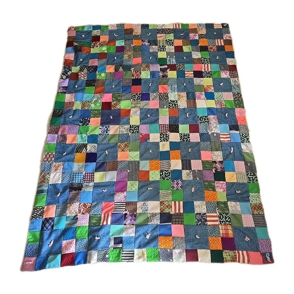 Vtg Multicolor Mixed Media Patchwork Reversible Quilted Bedding Throw 59